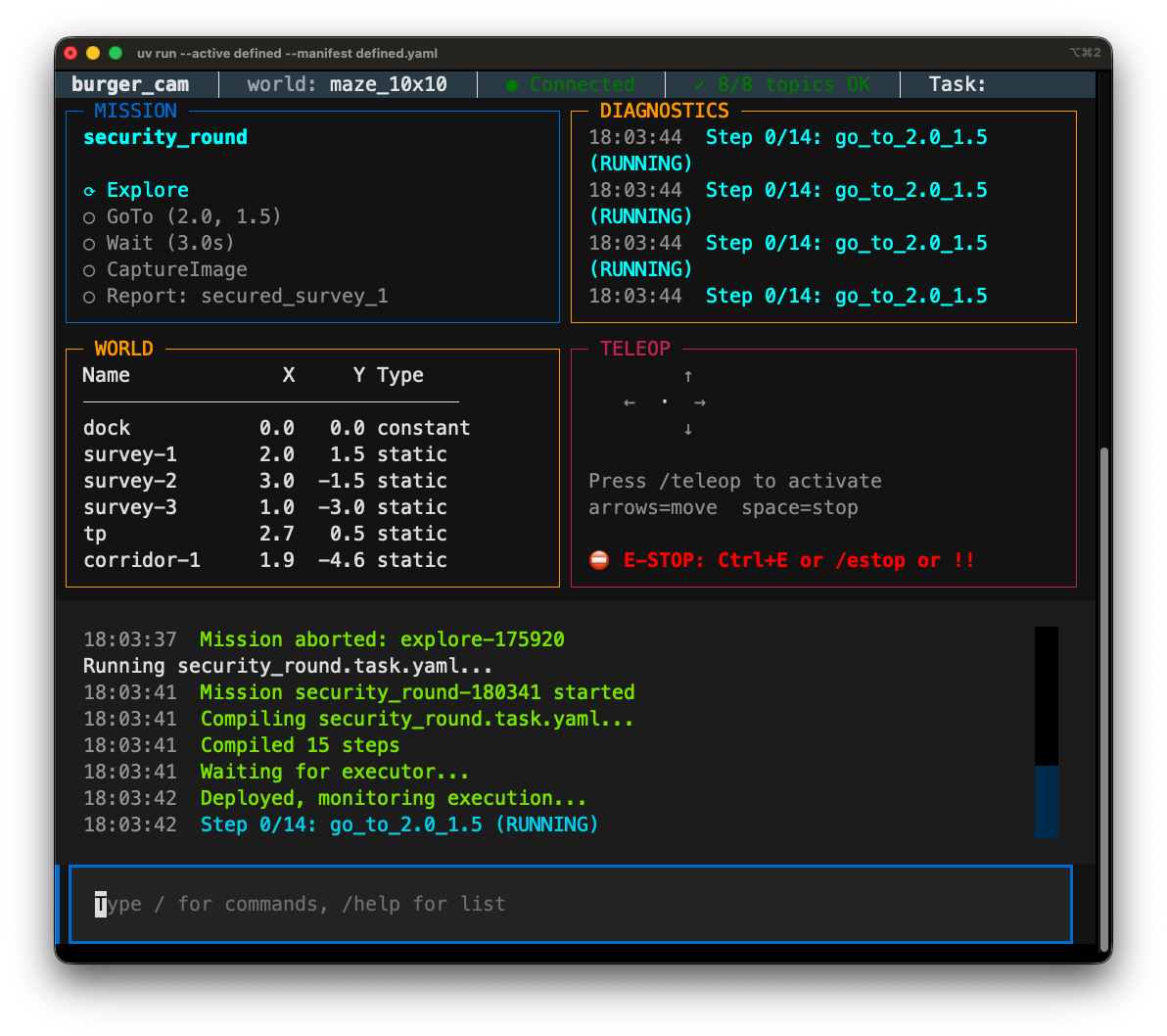 Defined Robotics TUI: compiling task, robot navigating to POIs, mission completing